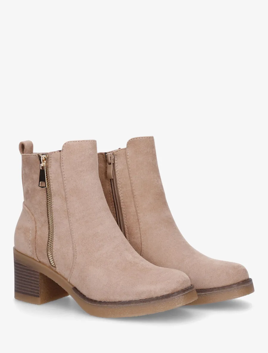 Bottines en suédine à zip décoratif - Taupe