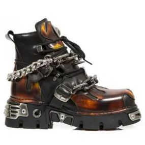 Bottines unisexe en cuir noir avec flammes rouges New Rock M.1495-S1
