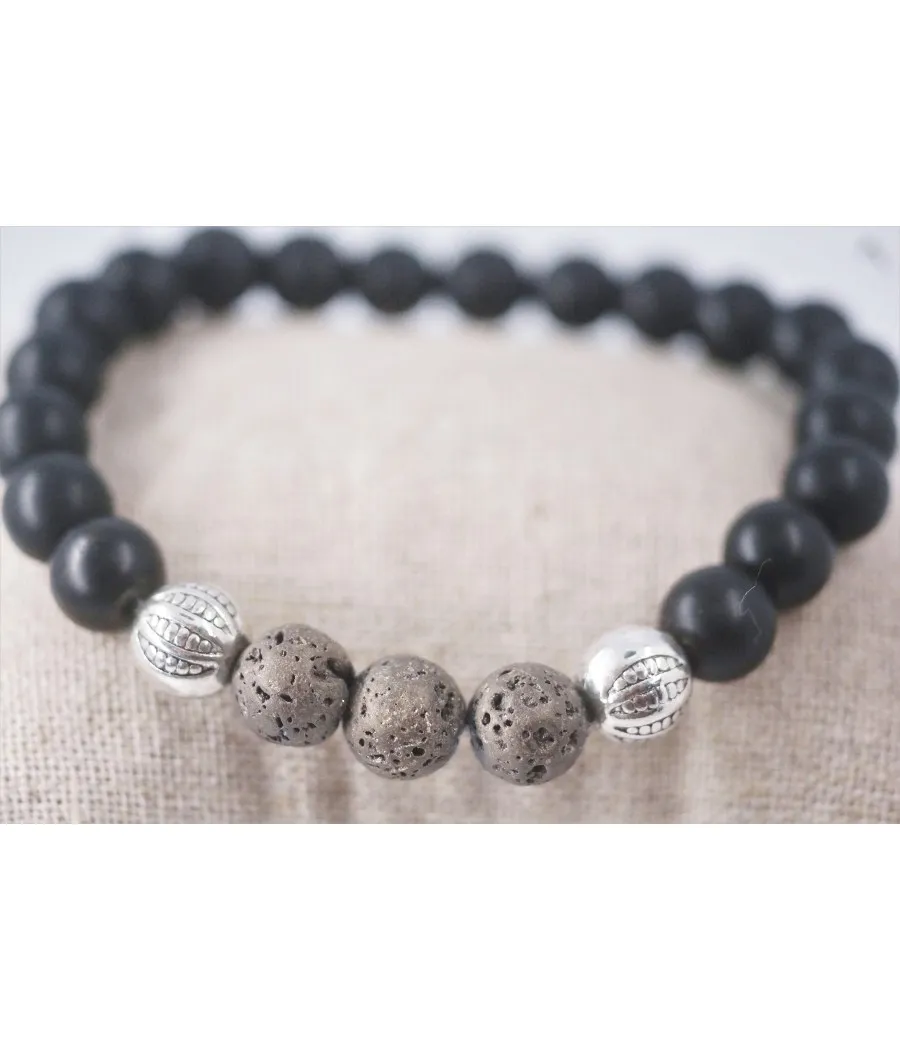 bracelet homme sport chic  extensible onyx mate pierre de lave grise