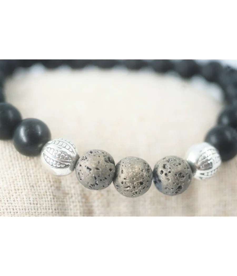 bracelet homme sport chic  extensible onyx mate pierre de lave grise