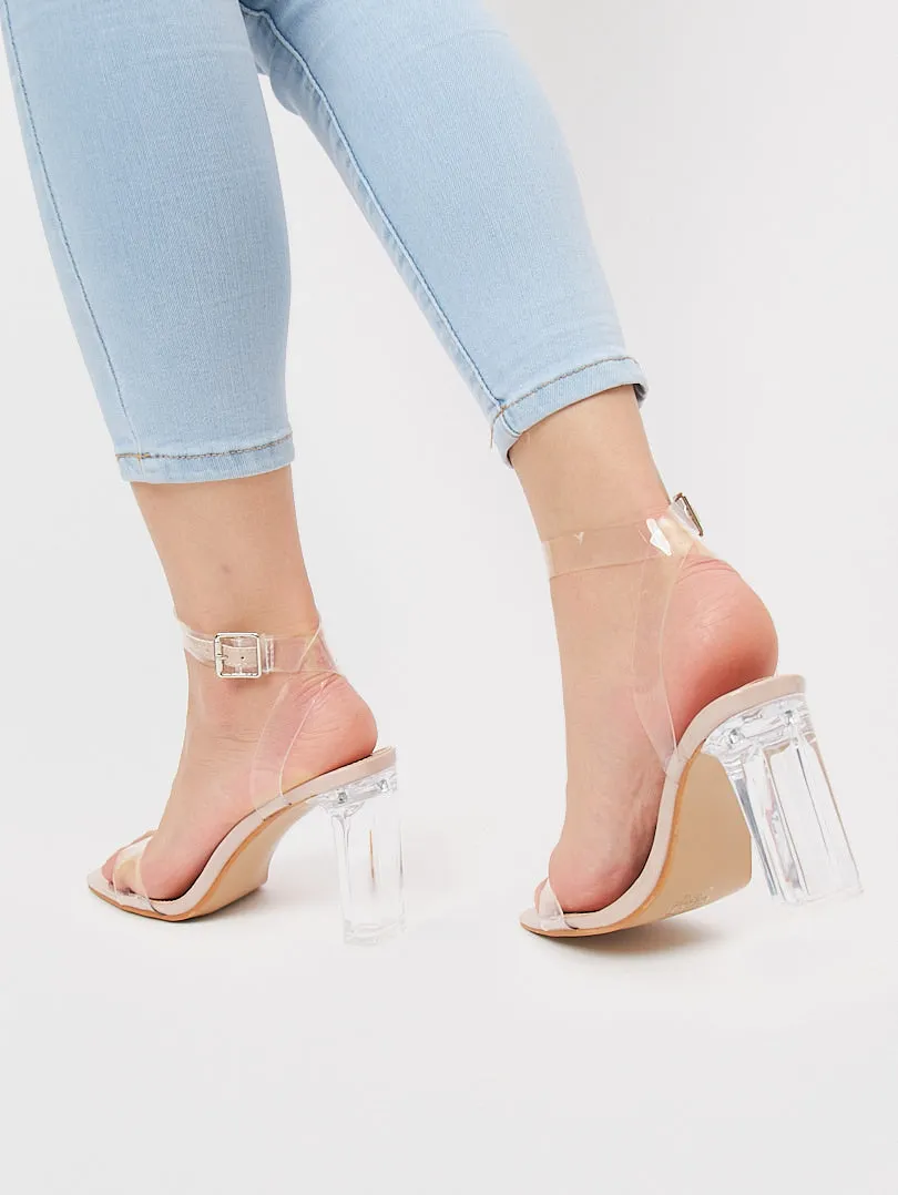 Sandale avec talon et strass transparents ajustable