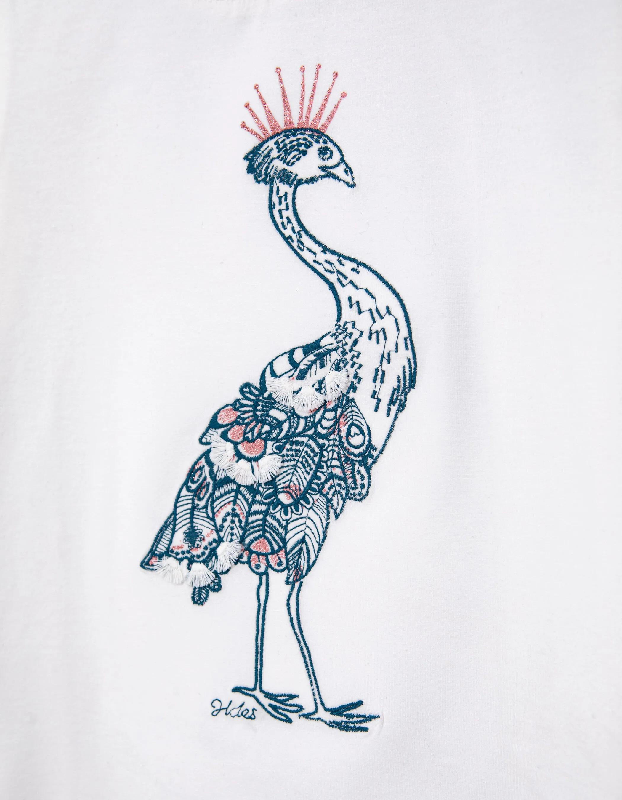 T-shirt écru visuel paon bleu brodé fille