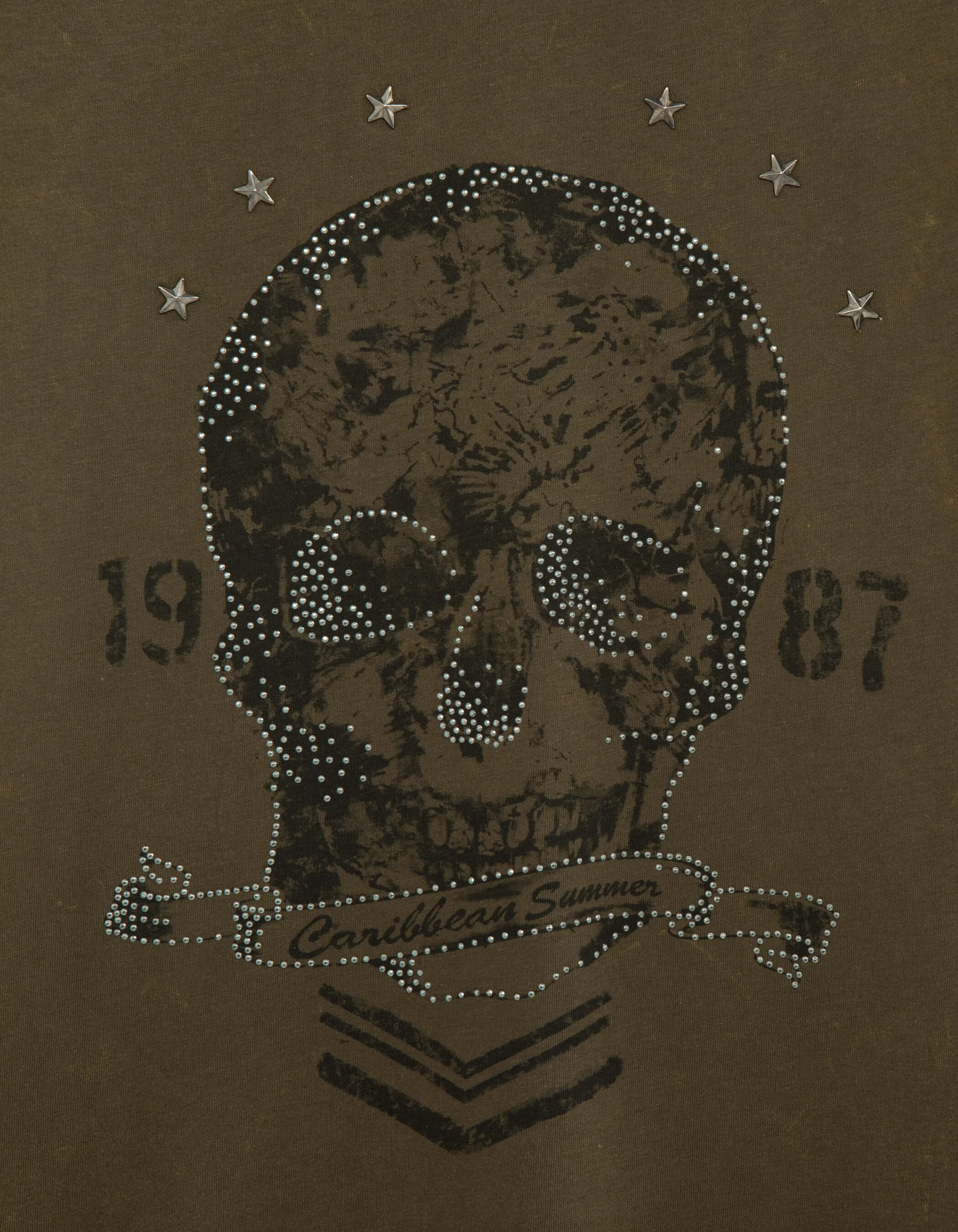 Tee-shirt kaki visuel tête de mort et strass Femme