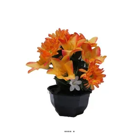 Vasque fleurs artificielles cimetière gerberas et lys h28cm Ø25cm orange