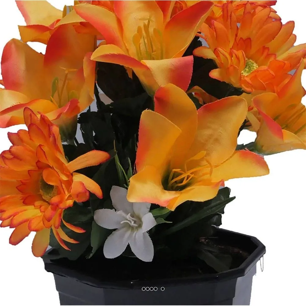 Vasque fleurs artificielles cimetière gerberas et lys h28cm Ø25cm orange